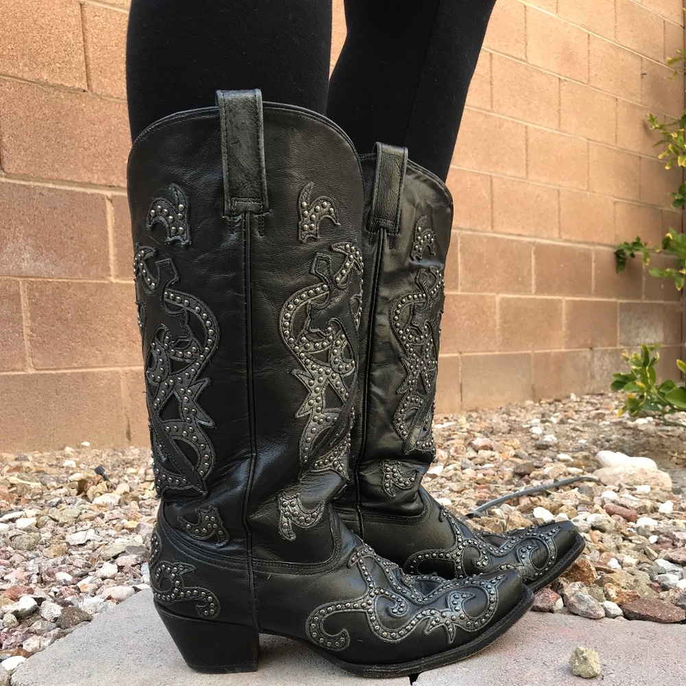 Corral Black Western Boots – Size 10 Genuine Leather – Studs + Sword Patch